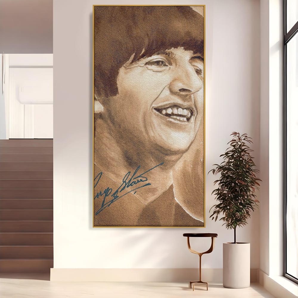 Tablou canvas cu tablou canvas portret ringo starr, in rama de aluminiu auriu